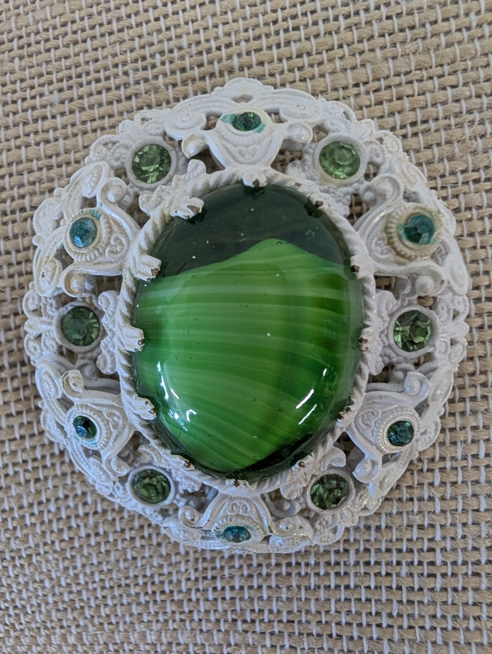 Vintage Brooch White Lattice Style Metal Green Glass Art Medallion Green Crystal